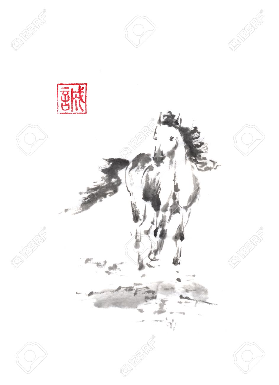 馬和風オリジナル水墨画水墨山水画を実行します。【マルチーズ】手描きイラスト 原画 《1106》。注目の象形文字